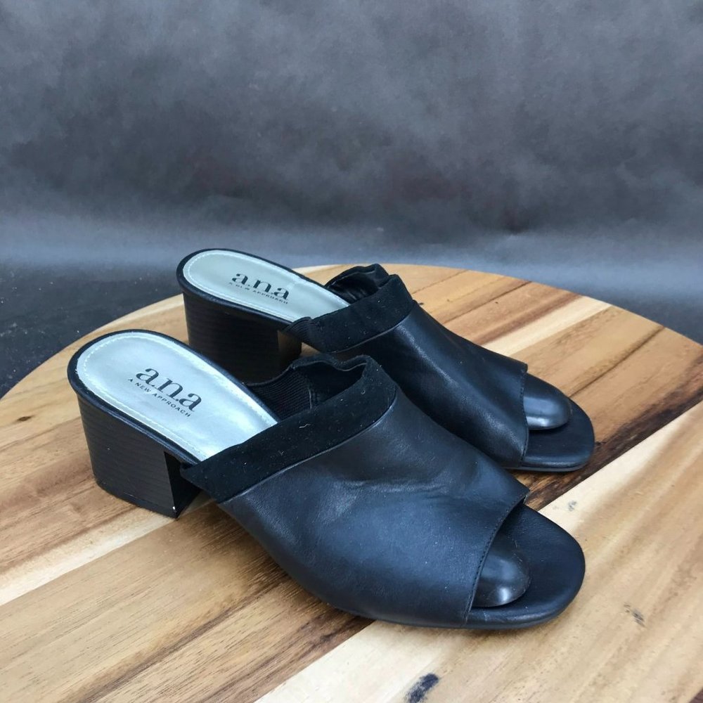 a.n.a Black Leather Open-Toe Block Heel Mules